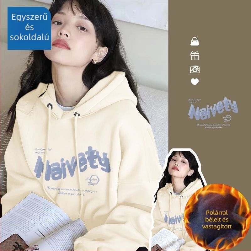 Női kapucnis oversize pulóver fleece-sel bélelt, tavaszra, őszre és télre, street style