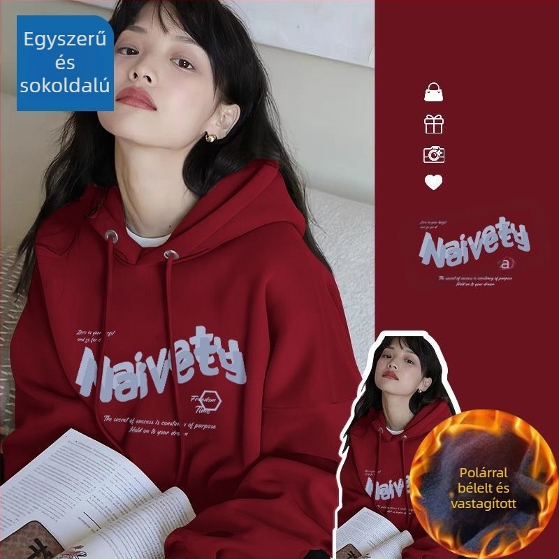 Női kapucnis oversize pulóver fleece-sel bélelt, tavaszra, őszre és télre, street style