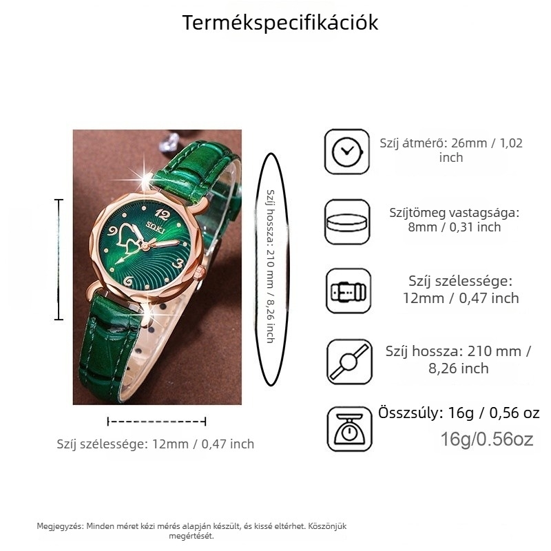 Női kvarc karóra bőrszíjjal és szív alakú számlappal — kör alakú tokkal, csavaros koronával