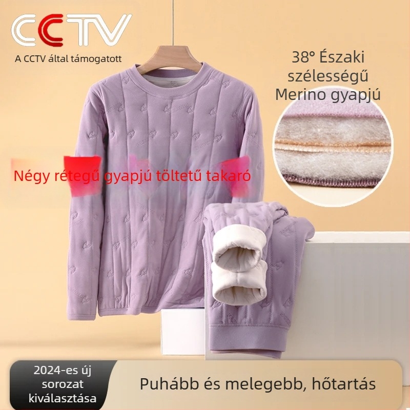 Gyapjú termikus alsónemű készlet, extra vastag, háromrétegű, fél magas nyakú gallérral, varrat nélküli, hosszú ujjú felső és nadrág, velúr bélés, fűtés, térd- és hátvédelmet