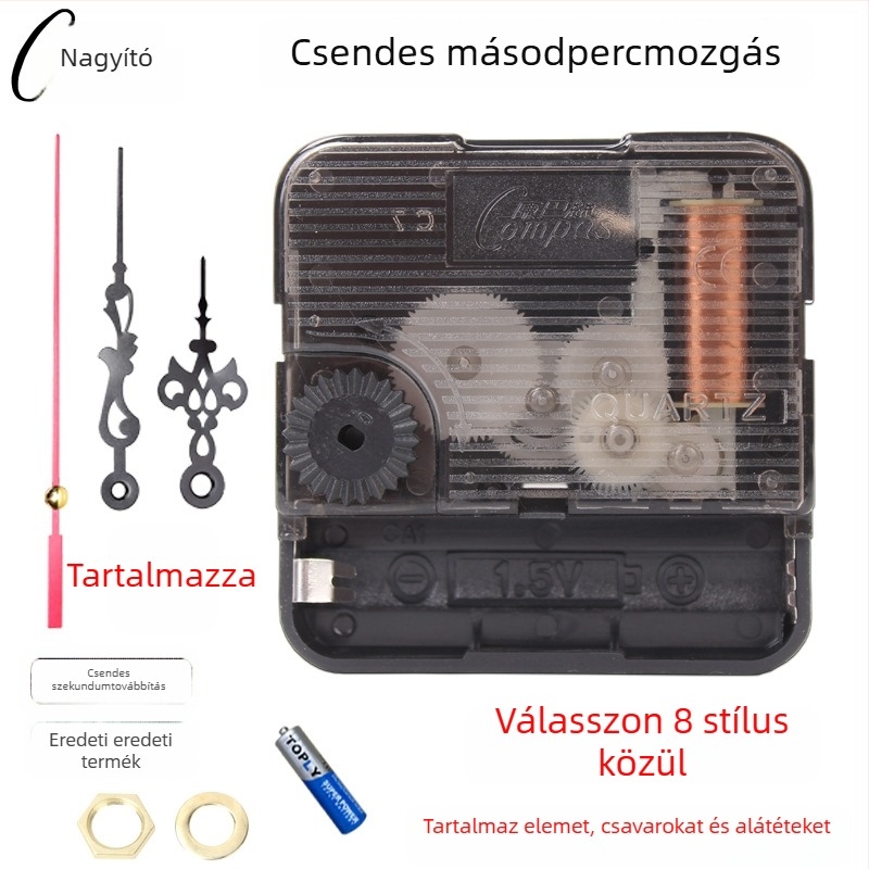 Kvarc falióra mechanizmus – csendes járás, folyamatos másodpercmozdulat, műanyag ház