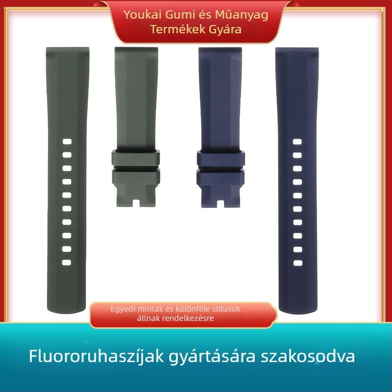 Általános fluor kaucsuk óraszíj, 20 mm széles, lapos véggel, kompatibilis a Rolex és Omega modellekkel, uniszex, tűcsattal