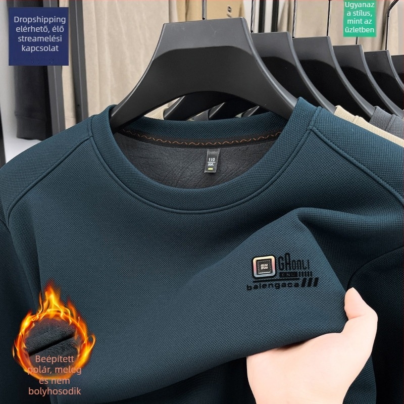 Férfi hosszú ujjú kereknyakú fleece-béléssel meleg alapréteg felső 2025 téli modell