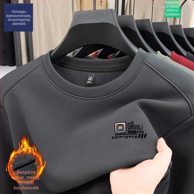 Férfi hosszú ujjú kereknyakú fleece-béléssel meleg alapréteg felső 2025 téli modell
