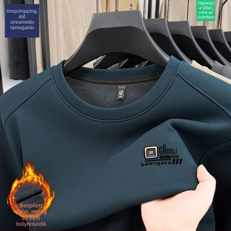 Férfi hosszú ujjú kereknyakú fleece-béléssel meleg alapréteg felső 2025 téli modell