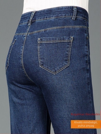 Női Mom Jeans, magas derekú, elasztikus egyenes szárú farmernadrág, lazán szabott, tavasz 2026