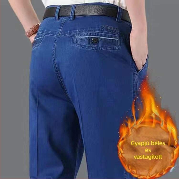 Férfi téli fleece béléses farmer, elasztikus, laza szabású egyenes fazon, magas derék, meleg és sokoldalú hosszú nadrág