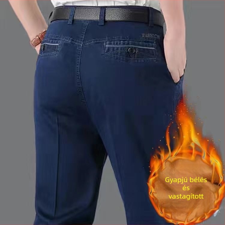Férfi téli fleece béléses farmer, elasztikus, laza szabású egyenes fazon, magas derék, meleg és sokoldalú hosszú nadrág