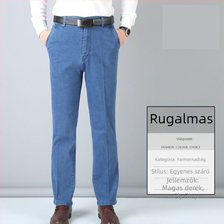 Férfi téli fleece béléses farmer, elasztikus, laza szabású egyenes fazon, magas derék, meleg és sokoldalú hosszú nadrág