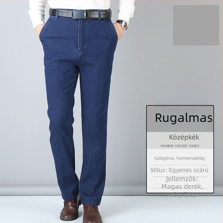 Férfi téli fleece béléses farmer, elasztikus, laza szabású egyenes fazon, magas derék, meleg és sokoldalú hosszú nadrág