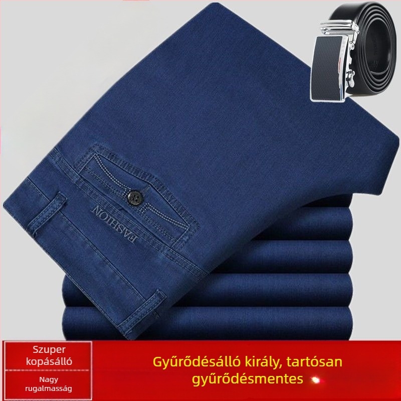 Férfi téli fleece béléses farmer, elasztikus, laza szabású egyenes fazon, magas derék, meleg és sokoldalú hosszú nadrág