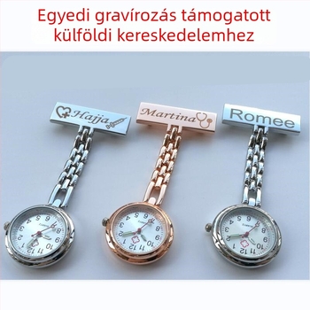 Gravírozott ápolónői fob óra, fém táblával, világító számlappal, kvarc működés, ötvözet tokkal és szíjjal, mineral üveg