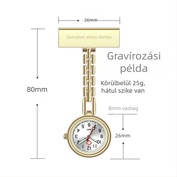 Gravírozott ápolónői fob óra, fém táblával, világító számlappal, kvarc működés, ötvözet tokkal és szíjjal, mineral üveg