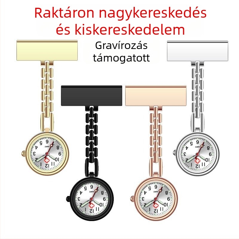 Gravírozott ápolónői fob óra, fém táblával, világító számlappal, kvarc működés, ötvözet tokkal és szíjjal, mineral üveg