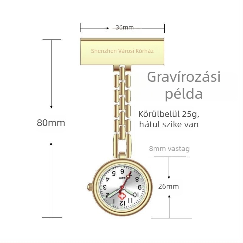 Gravírozott ápolónői fob óra, fém táblával, világító számlappal, kvarc működés, ötvözet tokkal és szíjjal, mineral üveg