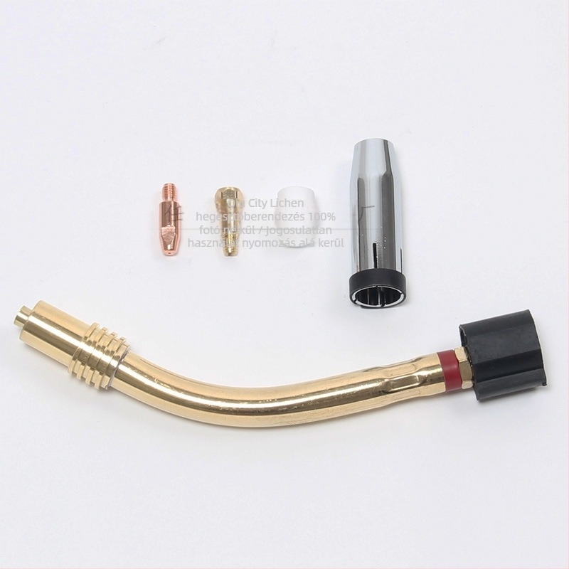 Gázvédett hegesztőpisztoly tartozékok: védőfúvóka, fúvókap, fúvóka csatlakozó rúd ülése, könyök csatlakozó; réz bevonat; különböző fémek hegesztéséhez