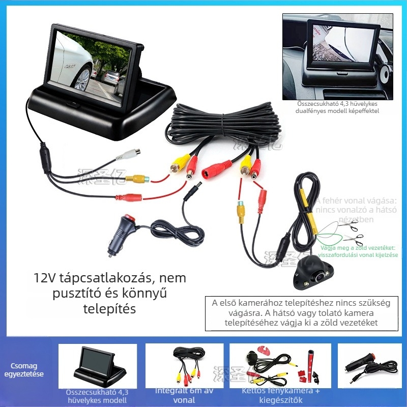 Autó jobb holttér kamera, előre–hátra oldalsó nézet, 12V, 360° állítható, felbontás 480×272, AV jel, 6W