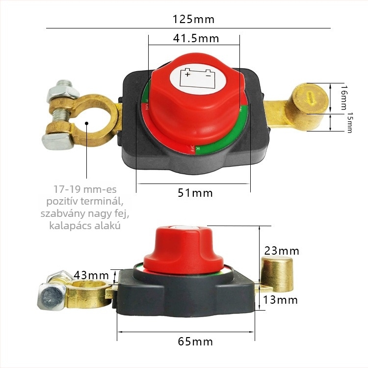 Autó akkumulátor pozitív pólusának hosszabbító kábellel, nagyáramú fő kapcsoló késes kapcsolóval, 125 mm