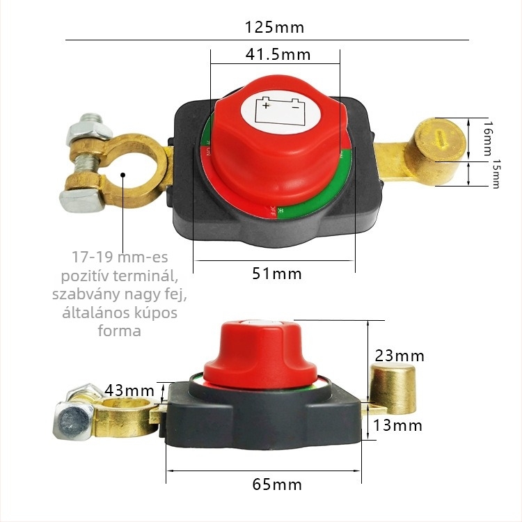 Autó akkumulátor pozitív pólusának hosszabbító kábellel, nagyáramú fő kapcsoló késes kapcsolóval, 125 mm