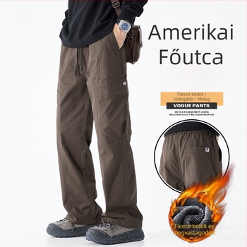 Munkás nadrág fleece bélelt, téli, egyenes szár, koreai stílus, 100% poliészter