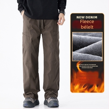 Munkás nadrág fleece bélelt, téli, egyenes szár, koreai stílus, 100% poliészter