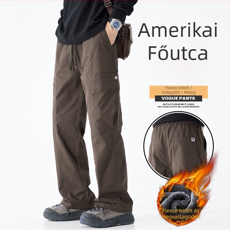Munkás nadrág fleece bélelt, téli, egyenes szár, koreai stílus, 100% poliészter