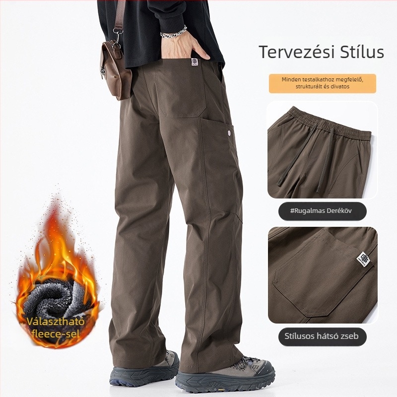 Munkás nadrág fleece bélelt, téli, egyenes szár, koreai stílus, 100% poliészter