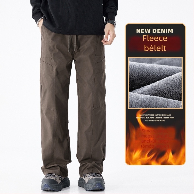 Munkás nadrág fleece bélelt, téli, egyenes szár, koreai stílus, 100% poliészter