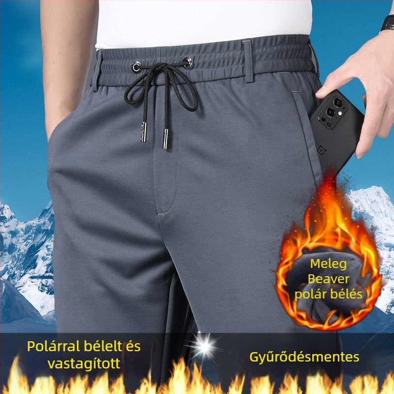 Férfiak magas derekú, elasztikus, egyenes szabású casual nadrág, vasalásmentes, fleece