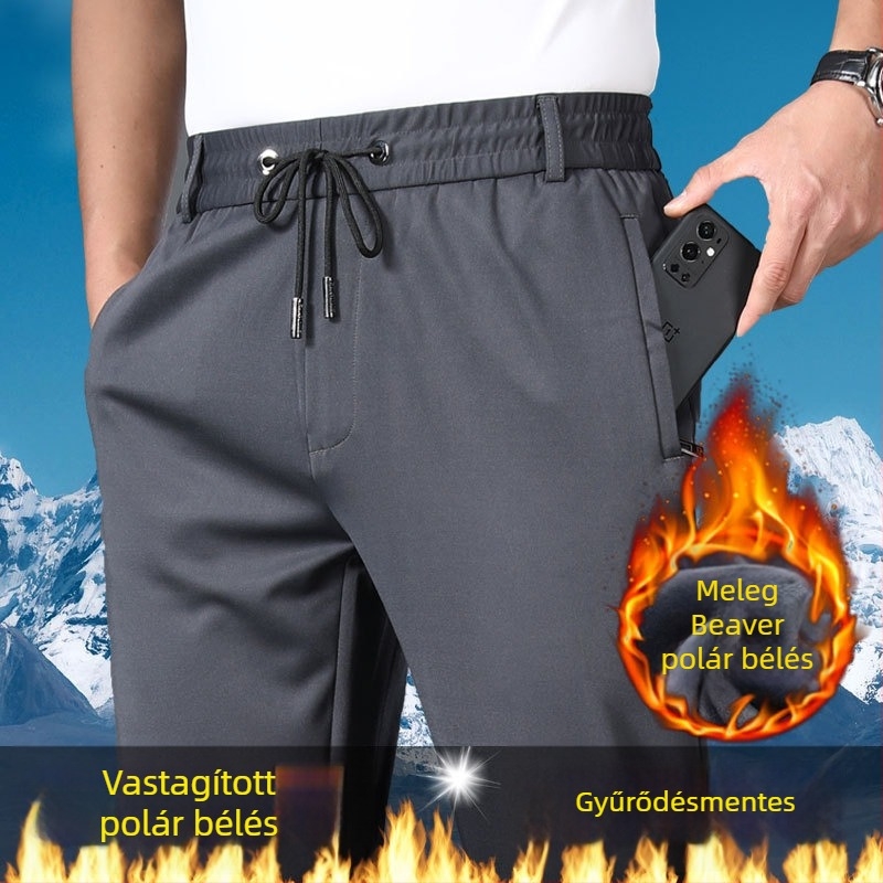 Férfiak magas derekú, elasztikus, egyenes szabású casual nadrág, vasalásmentes, fleece