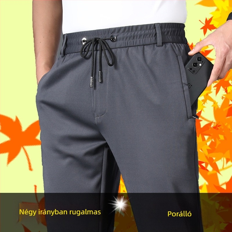 Férfiak magas derekú, elasztikus, egyenes szabású casual nadrág, vasalásmentes, fleece