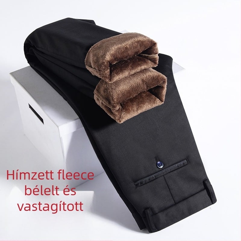 Férfi üzleti casual nadrág, egyenes szabás, magas derék, fleece-béléssel, cipzáras zárás, bambuszrost és poliészter keverék