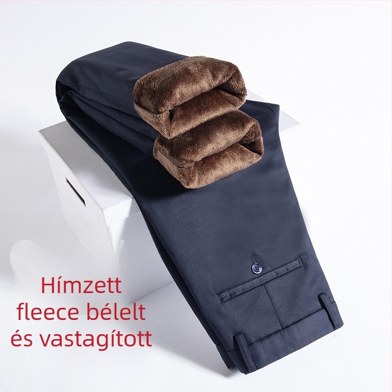 Férfi üzleti casual nadrág, egyenes szabás, magas derék, fleece-béléssel, cipzáras zárás, bambuszrost és poliészter keverék