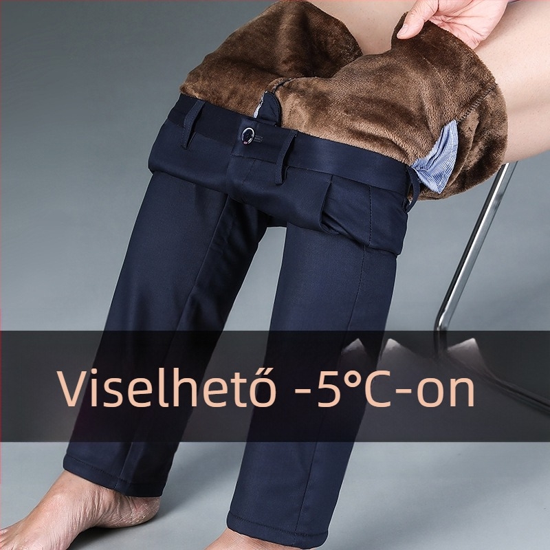 Férfi üzleti casual nadrág, egyenes szabás, magas derék, fleece-béléssel, cipzáras zárás, bambuszrost és poliészter keverék