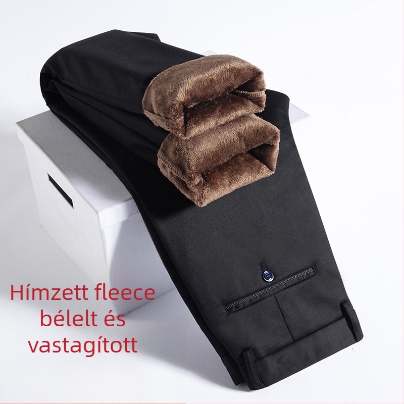 Férfi üzleti casual nadrág, egyenes szabás, magas derék, fleece-béléssel, cipzáras zárás, bambuszrost és poliészter keverék