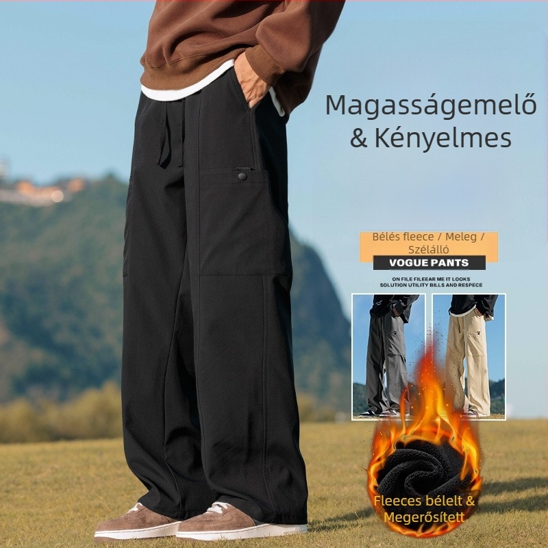 Férfi cargo nadrág fleece-beléssel, egyenes szabású, középső derekú, fiatalos városi stílus