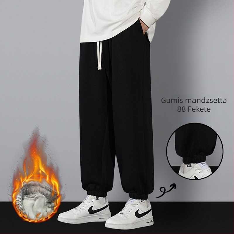 Férfi téli melegítőnadrág fleece béléses, laza szabású, cargo-stílusú, casual hosszú nadrág