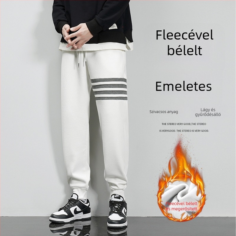 Mindennapi férfi nadrág laza szabású, csíkos mintával, középmagas derekú, vastag pamut anyagból