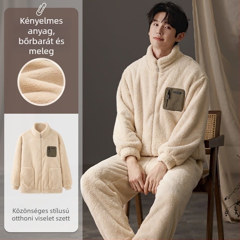 Férfi Island Velvet pizsamaszett, vastag fleece béléses, kerek nyakú, hosszú ujjú, otthoni és kültéri viseletre, téli/ősz