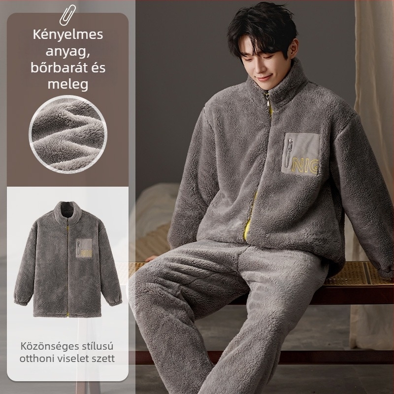 Férfi Island Velvet pizsamaszett, vastag fleece béléses, kerek nyakú, hosszú ujjú, otthoni és kültéri viseletre, téli/ősz