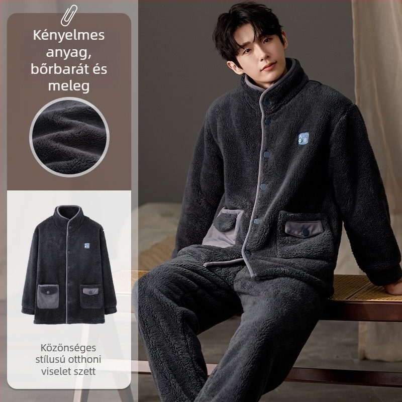 Férfi Island Velvet pizsamaszett, vastag fleece béléses, kerek nyakú, hosszú ujjú, otthoni és kültéri viseletre, téli/ősz