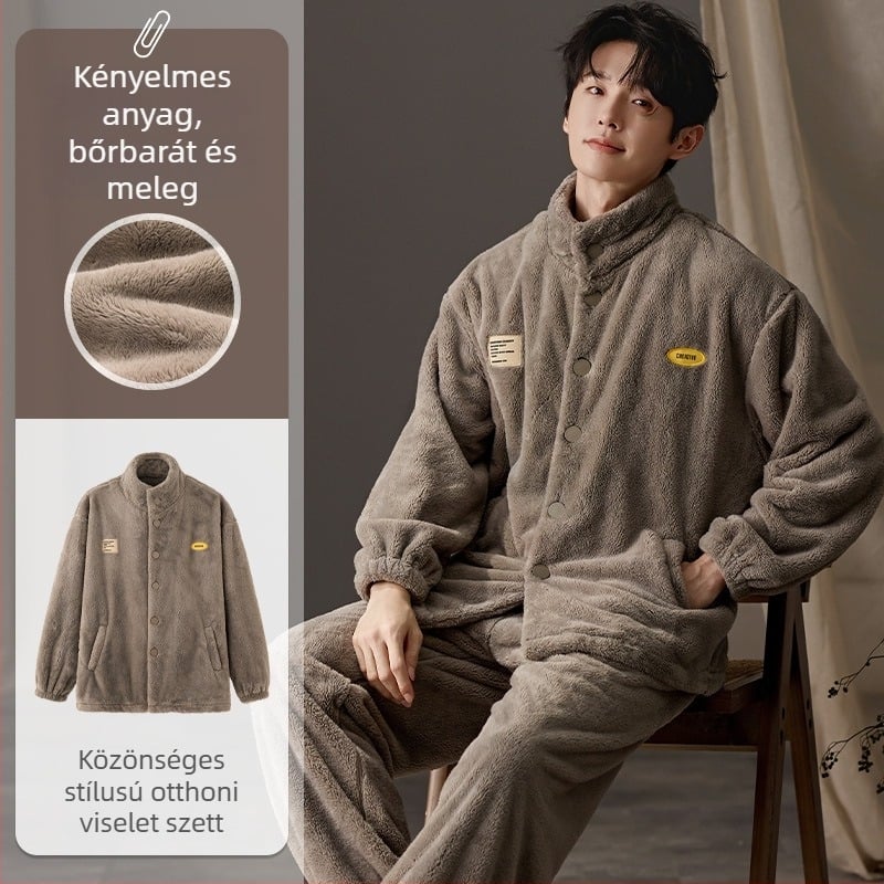 Férfi Island Velvet pizsamaszett, vastag fleece béléses, kerek nyakú, hosszú ujjú, otthoni és kültéri viseletre, téli/ősz
