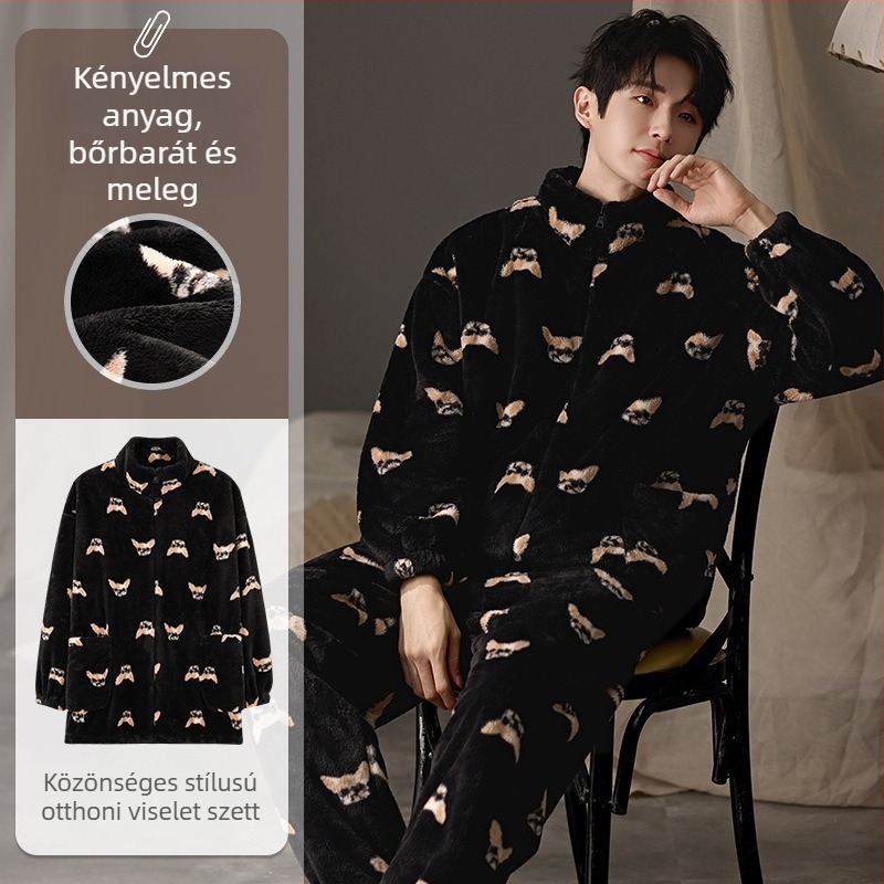 Férfi Island Velvet pizsamaszett, vastag fleece béléses, kerek nyakú, hosszú ujjú, otthoni és kültéri viseletre, téli/ősz