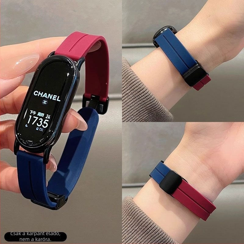 Xiaomi Mi Band 9-hez kompatibil szilikon csuklópánt NFC-s mágneses összecsukható csattal – légáteresztő nyári sport szíj