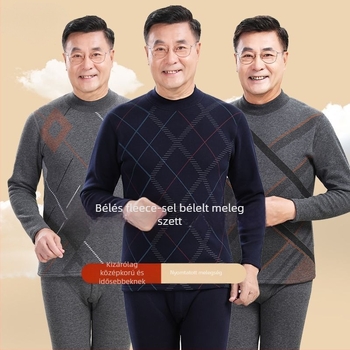 Idősek férfiak számára termikus alsónemű szett, vastag bélelt poliészter anyag, magas galléros felső és nadrág, téli viselet