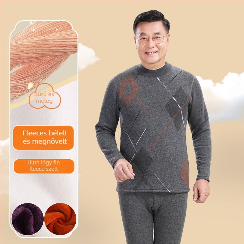Idősek férfiak számára termikus alsónemű szett, vastag bélelt poliészter anyag, magas galléros felső és nadrág, téli viselet
