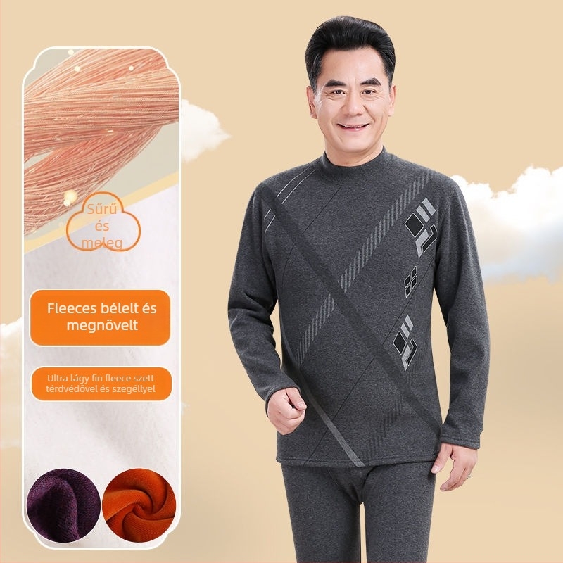 Idősek férfiak számára termikus alsónemű szett, vastag bélelt poliészter anyag, magas galléros felső és nadrág, téli viselet
