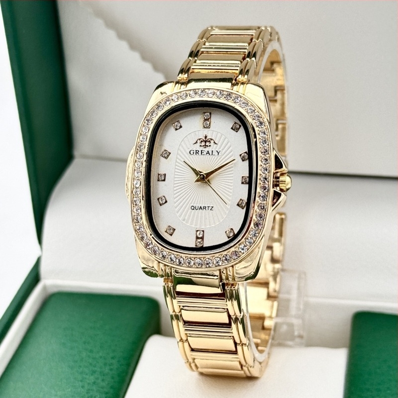 GREALY női kvarc óra gyémántdíszítéssel, ovális számlap, ötvözet tokkal és karkötővel, SL68 mozgás