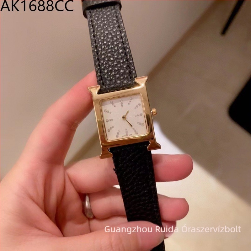 Női kvarc karóra, négyszögletes számlap, H-alakú szíj, műbőr, rozé arany csat, ásványi üveg, 24 mm-es számlapátmérő, 7 mm-es vastagság, Swiss ETA kvarc mozgató