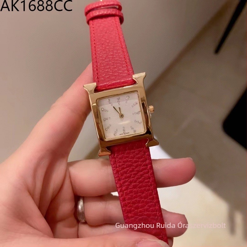 Női kvarc karóra, négyszögletes számlap, H-alakú szíj, műbőr, rozé arany csat, ásványi üveg, 24 mm-es számlapátmérő, 7 mm-es vastagság, Swiss ETA kvarc mozgató